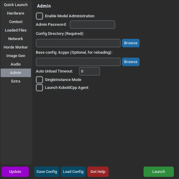 The Admin tab of the KoboldCpp launcher