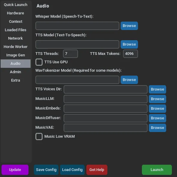 The Audio tab of the KoboldCpp launcher