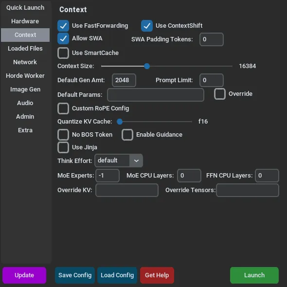 The Context tab of the KoboldCpp launcher