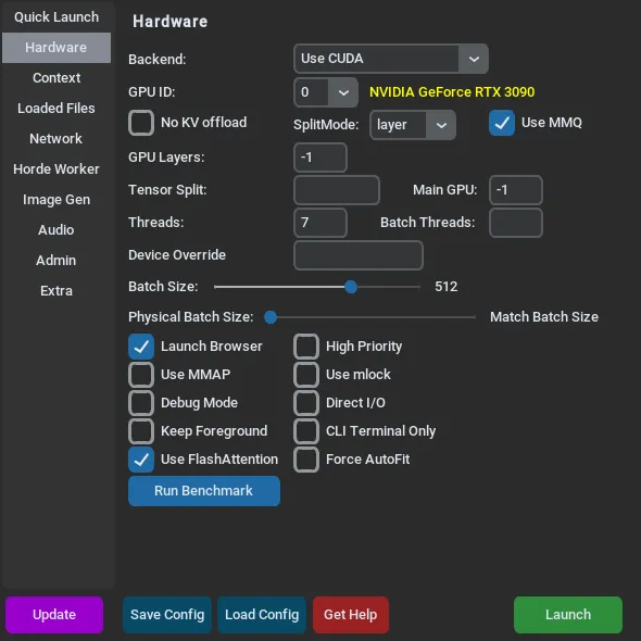 The Hardware tab of the KoboldCpp launcher