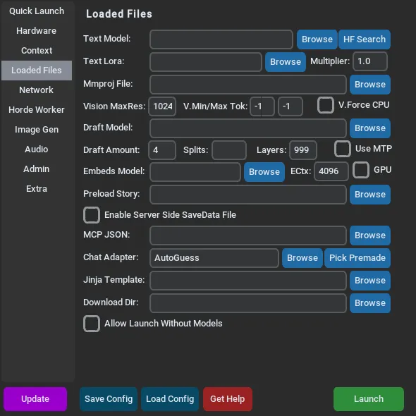 The Loaded Files tab of the KoboldCpp launcher