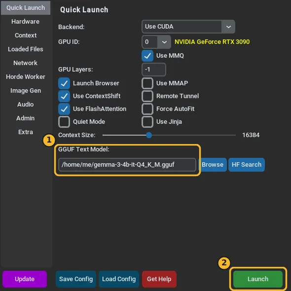 GGUF Text Model field with a model selected (1) and the Launch button (2)