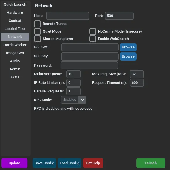 The Network tab of the KoboldCpp launcher