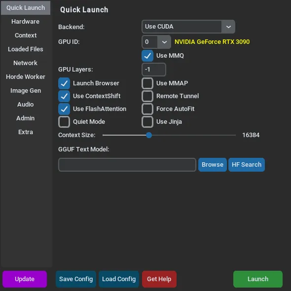 The KoboldCpp launcher on the Quick Launch tab with default settings