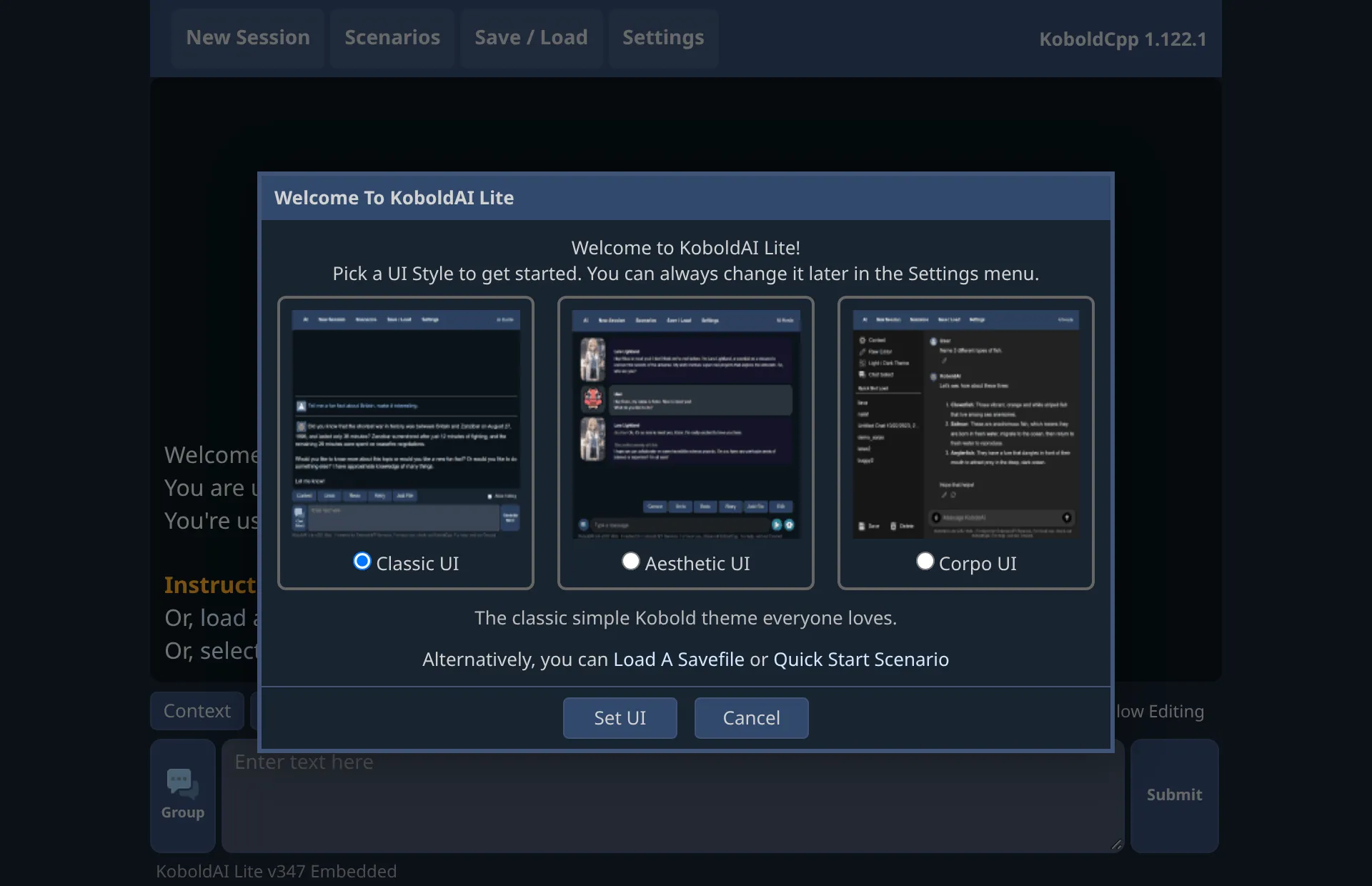 KoboldAI Lite welcome dialog with Classic, Aesthetic and Corpo UI styles